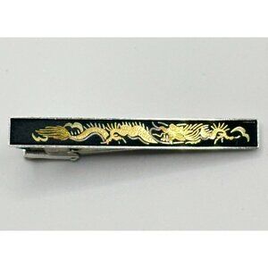 Vintage Silver Black Niello Enamel & Gold Plate Dragon Design Tie Bar Clip